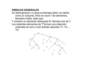 ÁRBOLES GENERALES Un árbol general ( a veces es llamado árbol ) se define como un conjunto, finito no vació T de elementos, llamados nodos, tales que: T contiene un elemento distinguido R, llamado raíz de T.  Los restantes elementos de T forman una colección ordenada de cero o mas árboles disjuntos T1, T2,.., Tm 