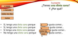 todos los días
a menudo
a veces ¿Tienes una dieta sana?
Y ¿Por qué?
• Sí, tengo una dieta sana porque me gusta comer...
• Sí, tengo una dieta sana porque me gusta comer...
• Sí tengo una dieta sana porque me gusta comer...
• No tengo una dieta sana porque me gusta comer...
a
veces
a
menudo
todos los
días
nunca
nunc
a
 