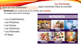 • Los Crabohidratos
• Las Proteínas
• Las Grasas
• Las Vitaminas
• Los Minerales
• El Agua
¿Qué nutrientes tiene la comida?
Nutrientes son sustancias en la comida que ayudan
al cuerpo para tener energía.
¿Qué son los nutrientes?
 