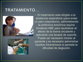 • El tratamiento esta dirigido a la
asistencia respiratoria (para evitar
un paro respiratorio), administrando
la antitoxina botulínica equina
trivalente ABE para neutralizar el
efecto de la toxina circulante y
aplicando una terapia de soporte.
Puede ser necesario intubar al
paciente y es necesario administrar
líquidos intravenosos si persiste la
dificultad de deglución.
 