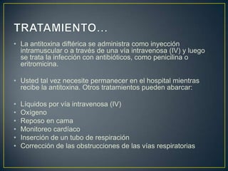 • La antitoxina diftérica se administra como inyección
intramuscular o a través de una vía intravenosa (IV) y luego
se trata la infección con antibióticos, como penicilina o
eritromicina.
• Usted tal vez necesite permanecer en el hospital mientras
recibe la antitoxina. Otros tratamientos pueden abarcar:
• Líquidos por vía intravenosa (IV)
• Oxígeno
• Reposo en cama
• Monitoreo cardíaco
• Inserción de un tubo de respiración
• Corrección de las obstrucciones de las vías respiratorias
 