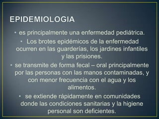 • es principalmente una enfermedad pediátrica.
• Los brotes epidémicos de la enfermedad
ocurren en las guarderías, los jardines infantiles
y las prisiones.
• se transmite de forma fecal – oral principalmente
por las personas con las manos contaminadas, y
con menor frecuencia con el agua y los
alimentos.
• se extiende rápidamente en comunidades
donde las condiciones sanitarias y la higiene
personal son deficientes.
 