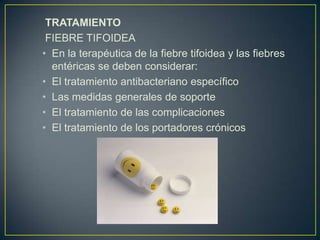 TRATAMIENTO
FIEBRE TIFOIDEA
• En la terapéutica de la fiebre tifoidea y las fiebres
entéricas se deben considerar:
• El tratamiento antibacteriano específico
• Las medidas generales de soporte
• El tratamiento de las complicaciones
• El tratamiento de los portadores crónicos
 