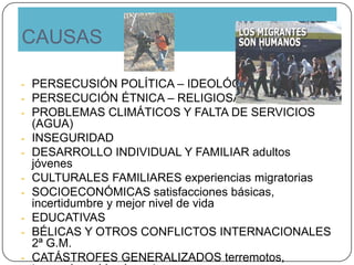 CAUSAS
- PERSECUSIÓN POLÍTICA – IDEOLÓGICA
- PERSECUCIÓN ÉTNICA – RELIGIOSA
- PROBLEMAS CLIMÁTICOS Y FALTA DE SERVICIOS
(AGUA)
- INSEGURIDAD
- DESARROLLO INDIVIDUAL Y FAMILIAR adultos
jóvenes
- CULTURALES FAMILIARES experiencias migratorias
- SOCIOECONÓMICAS satisfacciones básicas,
incertidumbre y mejor nivel de vida
- EDUCATIVAS
- BÉLICAS Y OTROS CONFLICTOS INTERNACIONALES
2ª G.M.
- CATÁSTROFES GENERALIZADOS terremotos,
 