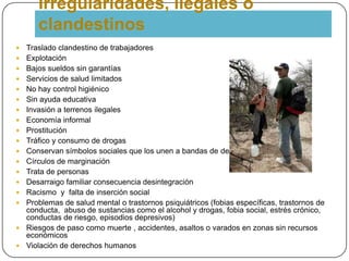Irregularidades, ilegales o
clandestinos
 Traslado clandestino de trabajadores
 Explotación
 Bajos sueldos sin garantías
 Servicios de salud limitados
 No hay control higiénico
 Sin ayuda educativa
 Invasión a terrenos ilegales
 Economía informal
 Prostitución
 Tráfico y consumo de drogas
 Conservan símbolos sociales que los unen a bandas de delicuencia
 Círculos de marginación
 Trata de personas
 Desarraigo familiar consecuencia desintegración
 Racismo y falta de inserción social
 Problemas de salud mental o trastornos psiquiátricos (fobias específicas, trastornos de
conducta, abuso de sustancias como el alcohol y drogas, fobia social, estrés crónico,
conductas de riesgo, episodios depresivos)
 Riesgos de paso como muerte , accidentes, asaltos o varados en zonas sin recursos
económicos
 Violación de derechos humanos
 