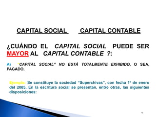 14
CAPITAL SOCIAL VS. CAPITAL CONTABLE
¿CUÁNDO EL “CAPITAL SOCIAL” PUEDE SER
MAYOR AL “CAPITAL CONTABLE”?:
A) “CAPITAL SOCIAL” NO ESTÁ TOTALMENTE EXHIBIDO, O SEA,
PAGADO.
Ejemplo: Se constituye la sociedad “Superchivas”, con fecha 1º de enero
del 2005. En la escritura social se presentan, entre otras, las siguientes
disposiciones:
 