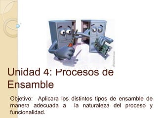 Unidad 4: Procesos de
Ensamble
Objetivo: Aplicara los distintos tipos de ensamble de
manera adecuada a la naturaleza del proceso y
funcionalidad.
 