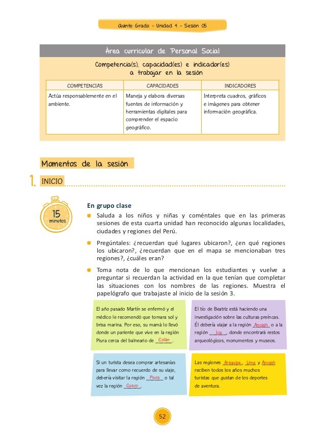 Unidad 4 sesiones Quinto Grado 2015