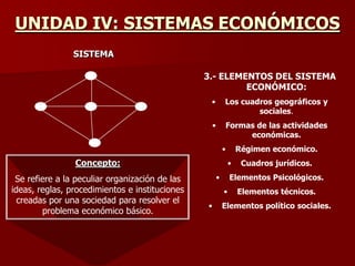 UNIDAD IV: SISTEMAS ECONÓMICOS
SISTEMA
3.- ELEMENTOS DEL SISTEMA
ECONÓMICO:
•

Los cuadros geográficos y
sociales.

•

Formas de las actividades
económicas.
•

Concepto:

Se refiere a la peculiar organización de las
ideas, reglas, procedimientos e instituciones
creadas por una sociedad para resolver el
problema económico básico.

Régimen económico.
•

•

Elementos Psicológicos.
•

•

Cuadros jurídicos.
Elementos técnicos.

Elementos político sociales.

 