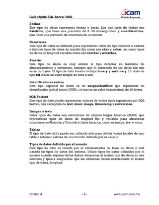 Guía rápida SQL Server 2000                                      División Empresas


Fechas
Este tipo de datos representa fechas y horas. Los dos tipos de fechas son
datetime, que tiene una precisión de 3. 33 milisegundos, y smalldatetime,
que tiene una precisión de intervalos de un minuto.

Caracteres
Este tipo de datos es utilizado para representar datos de tipo carácter o cadena
e incluye tipos de datos de tamaño fijo como son char y nchar, así como tipos
de datos de longitud variable como son varchar y nvarchar.

Binario
Este tipo de datos es muy similar al tipo carácter en términos de
almacenamiento y estructura, excepto que el contenido de los datos son una
serie de bytes. El tipo de dato binario incluye binary y varbinary. Un dato de
tipo bit indica un valor simple de cero o uno.

Identificadores únicos
Este tipo especial de datos es un uniqueidentifier que representa un
identificador global único (GUID), el cual es un valor hexadecimal de 16-bytes.

SQL Variant
Este tipo de dato puede representar valores de varios tipos soportados por SQL
Server, con excepción de text, ntext, image, timestamp y rowversion.

Imagen y texto
Estos tipos de datos son estructuras de objetos largos binarios (BLOB) que
representan tipos de datos de longitud fija y variable para almacenar
caracteres no-Unicode y Unicode y datos binarios, como es image, text y ntext.

Tablas
El tipo de dato tabla puede ser utilizado sólo para definir varios locales de tipo
tabla o retornar valores de una función definida por el usuario.

Tipos de datos definido por el usuario
Este tipo de dato es creado por el administrador de base de datos y está
basado en tipos de datos del sistema. Utilice tipos de datos definidos por el
usuario cuando algunas tablas deban almacenar el mismo tipo de datos en una
columna y quiera asegurarse que las columnas tienen exactamente el mismo
tipo de datos, longitud.




Unidad 4                             -6-                    www.icam.com.mx
 