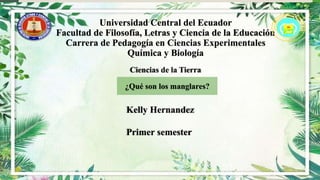 Universidad Central del Ecuador
Facultad de Filosofía, Letras y Ciencia de la Educación
Carrera de Pedagogía en Ciencias Experimentales
Química y Biología
Ciencias de la Tierra
Kelly Hernandez
Primer semester
¿Qué son los manglares?
 