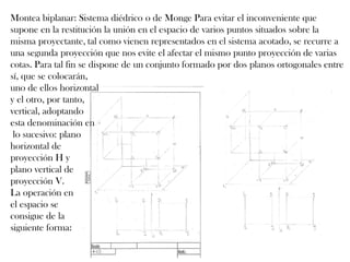 Montea biplanar: Sistema diédrico o de Monge Para evitar el inconveniente que supone en la restitución la unión en el espacio de varios puntos situados sobre la misma proyectante, tal como vienen representados en el sistema acotado, se recurre a una segunda proyección que nos evite el afectar el mismo punto proyección de varias cotas. Para tal fin se dispone de un conjunto formado por dos planos ortogonales entre sí, que se colocarán, 
uno de ellos horizontal 
y el otro, por tanto, 
vertical, adoptando 
esta denominación en 
lo sucesivo: plano 
horizontal de 
proyección H y 
plano vertical de 
proyección V. 
La operación en 
el espacio se 
consigue de la 
siguiente forma: 
 