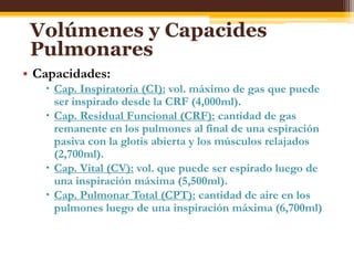 Volúmenes y Capacides PulmonaresCapacidades:Cap. Inspiratoria (CI): vol. máximo de gas quepuede ser inspiradodesde la CRF (4,000ml). Cap. Residual Funcional (CRF):cantidad de gas remanente en los pulmones al final de unaespiraciónpasiva con la glotisabierta y los músculosrelajados (2,700ml).Cap. Vital (CV): vol. quepuede ser espiradoluego de unainspiraciónmáxima (5,500ml).Cap. Pulmonar Total (CPT):cantidad de aire en los pulmonesluego de unainspiraciónmáxima (6,700ml)