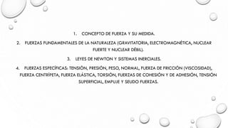 1. CONCEPTO DE FUERZA Y SU MEDIDA.
2. FUERZAS FUNDAMENTALES DE LA NATURALEZA (GRAVITATORIA, ELECTROMAGNÉTICA, NUCLEAR
FUER...