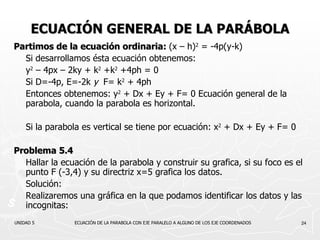 ECUACIÓN GENERAL DE LA PARÁBOLA Partimos de la ecuación ordinaria:  (x – h) 2  = -4p(y-k)   Si desarrollamos ésta ecuación obtenemos: y 2  – 4px – 2ky + k 2  +k 2  +4ph = 0   Si D=-4p, E=-2k  y  F= k 2  + 4ph Entonces obtenemos:  y 2  + Dx + Ey + F= 0 Ecuación general de la parabola, cuando la parabola es horizontal. Si la parabola es vertical se tiene por ecuación:  x 2  + Dx + Ey + F= 0 Problema 5.4 Hallar la ecuación de la parabola y construir su grafica, si su foco es el punto F (-3,4) y su directriz x=5 grafica los datos. Solución: Realizaremos una gráfica en la que podamos identificar los datos y las incognitas: UNIDAD 5  ECUACIÓN DE LA PARABOLA CON EJE PARALELO A ALGUNO DE LOS EJE COORDENADOS 