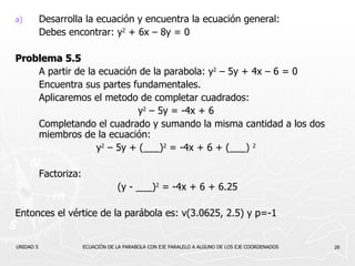 Desarrolla la ecuación y encuentra la ecuación general: Debes encontrar:  y 2  + 6x – 8y = 0 Problema 5.5 A partir de la ecuación de la parabola:  y 2  – 5y + 4x – 6 = 0 Encuentra sus partes fundamentales. Aplicaremos el metodo de completar cuadrados: y 2  – 5y = -4x + 6  Completando el cuadrado y sumando la misma cantidad a los dos miembros de la ecuación: y 2  – 5 y + (___) 2  = -4x + 6 + (___)  2   Factoriza: (y - ___) 2  = -4x +  6 + 6.25 Entonces el vértice de la parábola es: v(3.0625, 2.5) y p=-1 UNIDAD 5  ECUACIÓN DE LA PARABOLA CON EJE PARALELO A ALGUNO DE LOS EJE COORDENADOS 