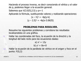 Haciendo el proceso inverso, es decir conociendo el vértice y el valor de p, podemos llegar a la ecuación general. Sabemos que V(3.025,2.5) y p=-1 Aplicando la fórmula, sustituyendo valores y realizando operaciones: (x – h) 2  = -4p(y-k) (y – 2.5) 2  = -4p(x-3.0625) PROBLEMAS PARA RESOLVER. Resuelve los siguientes problemas y corrobora los resultados localizandolos en una gráfica. Hallar las coordenadas del foco, la ecuación de la directriz y la longitud del lado recto para las ecuaciones dadas: a)  x 2  = 12y b)  y 2  + 8x=0   Hallar la ecuación de la parábola de vértice en el origen y foco en el punto: F(0,3) UNIDAD 5  ECUACIÓN DE LA PARABOLA CON EJE PARALELO A ALGUNO DE LOS EJE COORDENADOS 