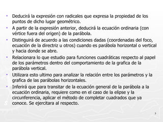 Deducirá la expresión con radicales que expresa la propiedad de los puntos de dicho lugar geométrico. A partir de la expresión anterior, deducirá la ecuación ordinaria (con vértice fuera del origen) de la parábola. Distinguirá de acuerdo a las condiciones dadas (coordenadas del foco, ecuación de la directriz u otros) cuando es parábola horizontal o vertical y hacia donde se abre. Relacionara lo que estudio para funciones cuadráticas respecto al papel de los parámetros dentro del comportamiento de la grafica de la parábola vertical. Utilizara esto ultimo para analizar la relación entre los parámetros y la grafica de las parábolas horizontales. Inferirá que para transitar de la ecuación general de la parábola a la ecuación ordinaria, requiere como en el caso de la elipse y la circunferencia, aplicar el método de completar cuadrados que ya conoce. Se ejercitara al respecto. 