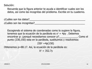 Solución: Recuerda que la figura anterior te ayuda a identificar cuales son los datos, así como las incognitas del problema. Escribe en tu cuaderno. ¿Cuáles son los datos?________________________________________ ¿Cuáles son las incognitas?____________________________________ Escogiendo el sistema de coordenadas como lo sugiere la figura, tenemos que la ecuación de la parábola es  x 2   = 4py . Debemos encontrar p: ¿porqué necesitamos conocer p?_____________. Como el punto (230,150) esta en la parábola, sustituimos y resolvemos: 230 2  =4p(150)   Obtenemos p=88.17. Así, la ecuación de la parábola es: X 2  = 352.7y UNIDAD 5    APLICACIONES 