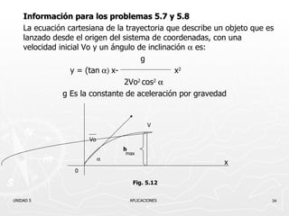 Información para los problemas 5.7 y 5.8 La ecuación cartesiana de la trayectoria que describe un objeto que es lanzado desde el origen del sistema de coordenadas, con una velocidad inicial Vo y un ángulo de inclinación     es:   g y  = (tan   x-    x 2   2Vo 2  cos 2  g Es la constante de aceleración por gravedad UNIDAD 5    APLICACIONES 0 Vo x  h max V Fig. 5.12 