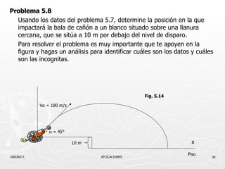 Problema 5.8 Usando los datos del problema 5.7, determine la posición en la que impactará la bala de cañón a un blanco situado sobre una llanura cercana, que se sitúa a 10 m por debajo del nivel de disparo. Para resolver el problema es muy importante que te apoyen en la figura y hagas un análisis para identificar cuáles son los datos y cuáles son las incognitas. UNIDAD 5    APLICACIONES 0 10 m Vo = 180 m/s x  = 45° Piso Fig. 5.14 