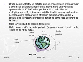 Orbita de un Satélite. Un satélite que se encuentra en órbita circular a 100 millas de altitud alredor de la Tierra, tiene una velocidad aproximada de 17 500 millas por hora. Si su velocidad se multiplicara por  2, entonces el satélite tendría la velocidad minima necesaria para escapar de la atracción gravitacional terrestre y seguirá una trayectoria parabólica, teniendo como foco el centro de la Tierra. Halla la velocidad de escape del satélite. Halla una ecuación de su trayectoria (suponiendo que el radio de la Tierra es de 4000 millas)  UNIDAD 5    APLICACIONES Piso 4100 millas Orbita circular Orbita parabólica y x Fig. 5.18 