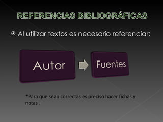 Al utilizar textos es necesario referenciar: *Para que sean correctas es preciso hacer fichas y notas . 