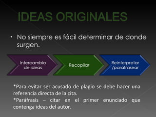 No siempre es fácil determinar de donde surgen. *Para evitar ser acusado de plagio se debe hacer una referencia directa de la cita. *Paráfrasis – citar en el primer enunciado que contenga ideas del autor. 