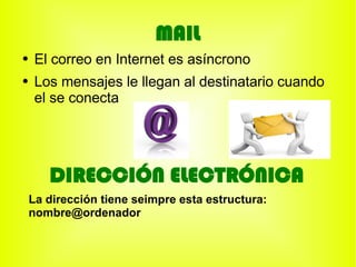 MAIL
●    El correo en Internet es asíncrono
●    Los mensajes le llegan al destinatario cuando
     el se conecta




       DIRECCIÓN ELECTRÓNICA
    La dirección tiene seimpre esta estructura:
    nombre@ordenador
 