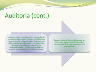 Auditoria (cont.)


 Auditar consiste principalmente en estudiar los
 mecanismos de control que están implantados
                                                   Los mecanismos de control pueden ser
 en una empresa u organización, determinando
                                                    directivos, preventivos, de detección,
  si los mismos son adecuados y cumplen unos
                                                   correctivos o de recuperación ante una
       determinados objetivos o estrategias,
                                                                 contingencia.
    estableciendo los cambios que se deberían
   realizar para la consecución de los mismos.
 