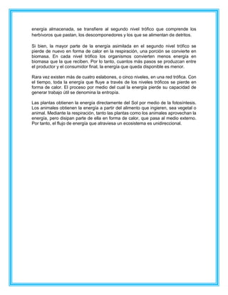 energía almacenada, se transfiere al segundo nivel trófico que comprende los
herbívoros que pastan, los descomponedores y los que se alimentan de detritos.
Si bien, la mayor parte de la energía asimilada en el segundo nivel trófico se
pierde de nuevo en forma de calor en la respiración, una porción se convierte en
biomasa. En cada nivel trófico los organismos convierten menos energía en
biomasa que la que reciben. Por lo tanto, cuantos más pasos se produzcan entre
el productor y el consumidor final, la energía que queda disponible es menor.
Rara vez existen más de cuatro eslabones, o cinco niveles, en una red trófica. Con
el tiempo, toda la energía que fluye a través de los niveles tróficos se pierde en
forma de calor. El proceso por medio del cual la energía pierde su capacidad de
generar trabajo útil se denomina la entropía.
Las plantas obtienen la energía directamente del Sol por medio de la fotosíntesis.
Los animales obtienen la energía a partir del alimento que ingieren, sea vegetal o
animal. Mediante la respiración, tanto las plantas como los animales aprovechan la
energía, pero disipan parte de ella en forma de calor, que pasa al medio externo.
Por tanto, el flujo de energía que atraviesa un ecosistema es unidireccional.
 