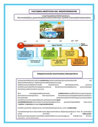 FACTORES ABIÓTICOS DEL MEDIOTERRESTRE
Losprincipalessonlatemperatura,
lahumedadylaluz,quesonlosquecondicionanlamayor partede losecosistemasterrestres.
Adaptacionesde losanimalesa latemperatura
Lamayorpartedelosanimalessonectotermos,tienenunatemperaturacorporalacorde con
ladesumedioambiente. Silatemperaturadelmedioesmuy baja,
Sedetienesuactividadvital.Cuando latemperatura delmedioaumenta, aumenta
tambiénsuactividad.Muchosadoptanconductas decalentamientorápido(como ponersealsolpor
lasmañanas,obtenercolores oscuros).
Otra estrategiaesladelosanimales endotermos(AvesyMamíferos),quesoncapaces
demantenerunatemperatura internaconstante frentealasvariacionesdelatemperaturaexterior.
Comoelmedio ambientesueleestarmásfríoquesuscuerpos,deben
procederauncontinuoaportedecalor,porloquenecesitangran
cantidaddealimento.Sontambiénmuyútileslasadaptaciones paraevitarlapérdidade calor,como
lospeloso lasplumasylascapasdegrasasubcutánea.
También presentan adaptaciones contralasaltastemperaturas, como lasudoración.
Cuandolatemperatura desciendemucho,algunosanimalesse adaptanpasandoauna fase de quietudque
recibe elnombre de hibernación.
Muchosanimalesectodermos(anfibios,reptiles)hibernan,asícomoalgunos endodermos (lirones,
marmotas, erizos,hámsteres).
 