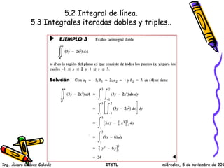 5.2 Integral de línea.
5.3 Integrales iteradas dobles y triples..
Ing. Álvaro Chávez Galavíz ITSTL miércoles, 5 de noviembre de 2014
