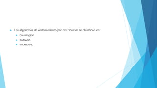  Los algoritmos de ordenamiento por distribución se clasifican en: 
 CountingSort. 
 RadixSort. 
 BucketSort. 
 