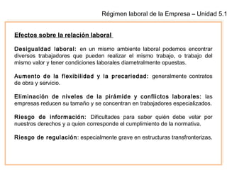Régimen laboral de la Empresa – Unidad 5.1
Efectos sobre la relación laboral
Desigualdad laboral: en un mismo ambiente laboral podemos encontrar
diversos trabajadores que pueden realizar el mismo trabajo, o trabajo del
mismo valor y tener condiciones laborales diametralmente opuestas.
Aumento de la flexibilidad y la precariedad: generalmente contratos
de obra y servicio.
Eliminación de niveles de la pirámide y conflictos laborales: las
empresas reducen su tamaño y se concentran en trabajadores especializados.
Riesgo de información: Dificultades para saber quién debe velar por
nuestros derechos y a quien corresponde el cumplimiento de la normativa.
Riesgo de regulación: especialmente grave en estructuras transfronterizas.
 