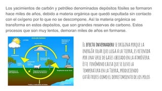 Los yacimientos de carbón y petróleo denominados depósitos fósiles se formaron
hace miles de años, debido a materia orgánica que quedó sepultada sin contacto
con el oxígeno por lo que no se descompone. Asì la materia orgánica se
transforma en estos depósitos, que son grandes reservas de carbono. Estos
procesos que son muy lentos, demoran miles de años en formarse.
Elefectoinvernaderoseoriginaporquela
energíasolarquellegaalatierra,esretenida
porunaseriedegasesubicadoenlaatmósfera.
Este fenómenocausaqueseelevela
temperaturaenlaTierra,produciendo
catástrofescomoelderretimientodelospolos
 