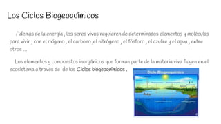Los Ciclos Biogeoquímicos
Además de la energía , los seres vivos requieren de determinados elementos y moléculas
para vivir , con el oxígeno , el carbono ,el nitrógeno , el fósforo , el azufre y el agua , entre
otros …
Los elementos y compuestos inorgánicos que forman parte de la materia viva fluyen en el
ecosistema a través de de los Ciclos biogeoquímicos .
 
