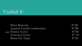 Unidad 5:
Kiara Bugueño N°06
Amanda Castillo coordinadora N°08
Paloma Castro N°09
Francisca Cortez N°12
Maria Paz Tapia N°31
 