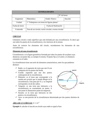 GENERALIDADES
N° de horas:
Asignatura Matemática Grado: Octavo Sección:
Unidad 5 “Trabajemos con áreas de figuras planas”
Fecha de inicio Fecha de finalización
Contenido Área de un circulo; sector circular; corona circular
CIRCULO
Llamamos círculo a toda superficie que está limitada por una circunferencia. Es decir que
son todos los puntos de la circunferencia y los interiores de la misma.
Antes de conocer los elementos del círculo, recordaremos los elementos de una
circunferencia.
Elementos de una circunferencia
Circunferencia: es la figura geométrica formada por todos los puntos de un plano cuya
distancia a un punto fijo, es siempre la misma. El punto fijo es el centro y la distancia
constante es el radio.
La circunferencia tiene una serie de elementos característicos, entre los que podemos
destacar:
 Radio: es el segmento de recta que une O con
cualquiera de los puntos del borde.
 Cuerda: segmento que une dos puntos
cualesquiera de la circunferencia.
 Diámetro: es el trazo que corresponde a la
cuerda más grande que se puede dibujar en la
circunferencia. Esta pasa por O, y su longitud
corresponde a la de dos radios.
 Tangente: es una recta que intersecta a la
circunferencia en exactamente un punto. A
este punto le llamaremos punto de tangencia.
 Secante: es la recta que intersecta en dos
puntos a la circunferencia.
 Arco: es una porción de la circunferencia determinada por dos puntos distintos de
ella.
ÁREA DE UN CÍRCULO
Ejemplo 1: calcular el área de un círculo cuyo radio es igual a 8cm
 