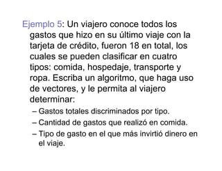 Ejemplo 5: Un viajero conoce todos los
t hi últi i j lgastos que hizo en su último viaje con la
tarjeta de crédito, fueron 18 en total, los
l d l ifi tcuales se pueden clasificar en cuatro
tipos: comida, hospedaje, transporte y
E ib l it hropa. Escriba un algoritmo, que haga uso
de vectores, y le permita al viajero
d t ideterminar:
– Gastos totales discriminados por tipo.
– Cantidad de gastos que realizó en comida.
– Tipo de gasto en el que más invirtió dinero en
el viaje.
 