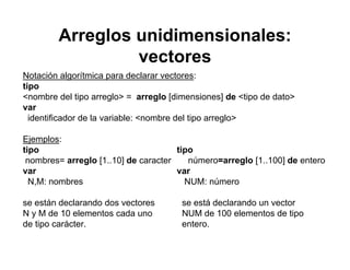 Arreglos unidimensionales:
vectores
Notación algorítmica para declarar vectores:
titipo
<nombre del tipo arreglo> = arreglo [dimensiones] de <tipo de dato>
var
identificador de la variable: <nombre del tipo arreglo>identificador de la variable: <nombre del tipo arreglo>
Ejemplos:
tipo tipotipo tipo
nombres= arreglo [1..10] de caracter número=arreglo [1..100] de entero
var var
N,M: nombres NUM: número
se están declarando dos vectores se está declarando un vector
N y M de 10 elementos cada uno NUM de 100 elementos de tipo
de tipo carácter. entero.
 