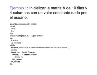 Ejemplo 1: Inicializar la matriz A de 10 filas y
4 columnas con un valor constante dado por4 columnas con un valor constante dado por
el usuario.
l it i i i li ió t ialgoritmo inicialización_matriz
const
F=10
C=4
titipo
matriz =arreglo [1..F, 1..C] de entero
var
A:matriz
i j k ti, j, k:entero
Inicio
escribir(‘Introduzca el valor con el que desea inicializar la matriz: ‘)
leer(k)
d d i 1 h t F hdesde i ← 1 hasta F hacer
desde j ← 1 hasta C hacer
A[i,j] ← k
fin_desde
fi d dfin_desde
fin.
 