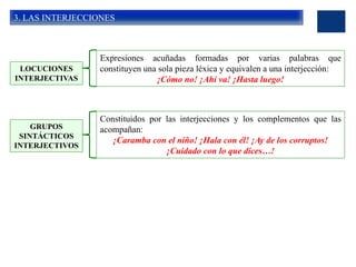 3. LAS INTERJECCIONES
LOCUCIONES
INTERJECTIVAS
Expresiones acuñadas formadas por varias palabras que
constituyen una sola pieza léxica y equivalen a una interjección:
¡Cómo no! ¡Ahí va! ¡Hasta luego!
GRUPOS
SINTÁCTICOS
INTERJECTIVOS
Constituidos por las interjecciones y los complementos que las
acompañan:
¡Caramba con el niño! ¡Hala con él! ¡Ay de los corruptos!
¡Cuidado con lo que dices…!
 