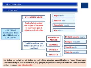 1. EL ADVERBIO
1.2. FUNCIÓN
ADVERBIO
modificador de un
ADJETIVO u otro
ADVERBIO
CUANTIFICADOR
Algo curioso
Indica la intensidad
con la que se entiende
lo expresado por el
adjetivo o el adverbio
Bastante alto
Demasiado pronto
Muy cerca
También realizan esta
función (expresen o no
cantidad)
Adverbios en
-MENTE
SIEMPRE
TAMBIÉN
TODAVÍA
Definitivamente muerto
Siempre contento
También sola
Todavía cansado
No todos los adjetivos ni todos los adverbios admiten cuantificadores: *muy financiero,
*bastante siempre. Por el contrario, hay grupos preposicionales que sí admiten cuantificación:
Lo has colocado muy a la derecha.
 