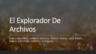 El Explorador De
Archivos
KARLA GALEANA, CAMILO RÍSQUEZ, MAYTÉ PONCE, JOSÉ ANGEL,
DANIELA TEJEIDA, KRISTTEL ESPINOSA
 