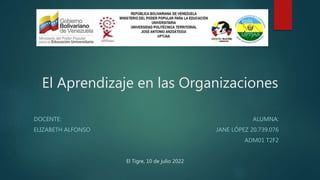 El Aprendizaje en las Organizaciones
DOCENTE:
ELIZABETH ALFONSO
ALUMNA:
JANE LÓPEZ 20.739.076
ADM01 T2F2
El Tigre, 10 de julio 2022
 