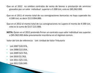 Que en el 2012 no celebre contratos de venta de bienes o prestación de servicios
  gravados por un valor individual superior a 3.300 Uvt, esto es $85,962.000.

Que en el 2011 el monto total de sus consignaciones bancarias no haya superado los
  4.500 Uvt, es decir $113.094.000.

Que en el 2012 el monto total de sus consignaciones no supere el monto de 4.500 Uvt,
  esto es la suma de $117.221.000.

NOTA: Quien en el 2012 pretenda firmar un contrato cuyo valor individual sea superior
  a $85.962.000 debe previamente inscribirse en el régimen común.

Valor del Uvt de referencia: Uvt: Unidad de Valor Tributario

   Uvt 2007 $20.974,
   Uvt 2008 $22.054,
   Uvt 2009 $23.763,
   Uvt 2010 $2.763,
   Uvt 2011 $25.132,
   Uvt 2012 $26.049.
 