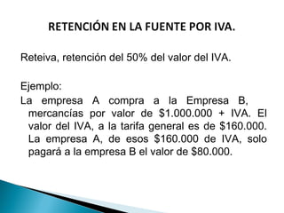 Reteiva, retención del 50% del valor del IVA.

Ejemplo:
La empresa A compra a la Empresa B,
 mercancías por valor de $1.000.000 + IVA. El
 valor del IVA, a la tarifa general es de $160.000.
 La empresa A, de esos $160.000 de IVA, solo
 pagará a la empresa B el valor de $80.000.
 
