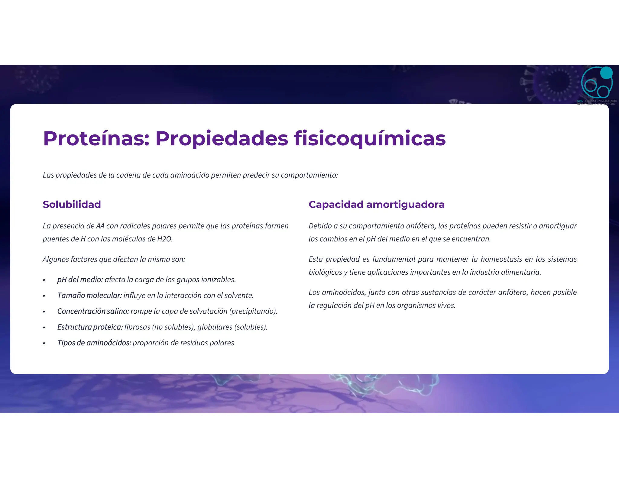 Proteínas: Propiedades fisicoquímicas
Las propiedades de la cadena de cada aminoácido permiten predecir su comportamiento:
Solubilidad
La presencia de AA con radicales polares permite que las proteínas formen
puentes de H con las moléculas de H2O.
Algunos factores que afectan la misma son:
• pH del medio: afecta la carga de los grupos ionizables.
• Tamaño molecular: influye en la interacción con el solvente.
• Concentración salina: rompe la capa de solvatación (precipitando).
• Estructura proteica: fibrosas (no solubles), globulares (solubles).
• Tipos de aminoácidos: proporción de residuos polares
Capacidad amortiguadora
Debido a su comportamiento anfótero, las proteínas pueden resistir o amortiguar
los cambios en el pH del medio en el que se encuentran.
Esta propiedad es fundamental para mantener la homeostasis en los sistemas
biológicos y tiene aplicaciones importantes en la industria alimentaria.
Los aminoácidos, junto con otras sustancias de carácter anfótero, hacen posible
la regulación del pH en los organismos vivos.
 