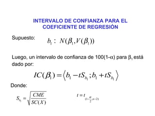 INTERVALO DE CONFIANZA PARA EL
COEFICIENTE DE REGRESIÓN
Supuesto:
1 1 1( , ( ))b N Vβ β:
Luego, un intervalo de confianza de 100(1-α) para β1 está
dado por:
1 11 1 1( ) ;b bIC b tS b tSβ = − +
1
( )
b
CME
S
SC X
= (1 , 2)
2
n
t t α
− −
=
Donde:
 
